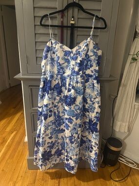 H&M Linen Blend Blue and White Floral Spaghetti Strap Dress